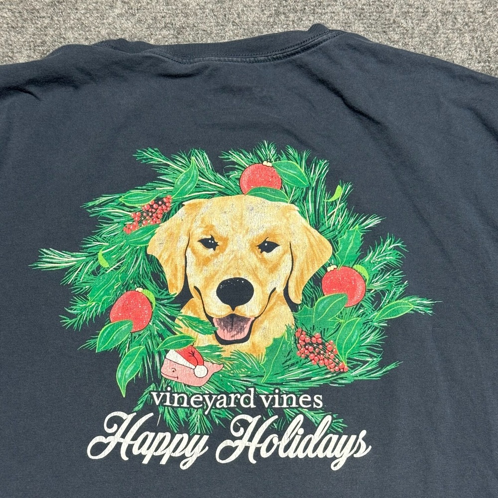 Vineyard Vines Shirt Mens XL Blue Happy Holidays Christmas Golden Retriever Dog